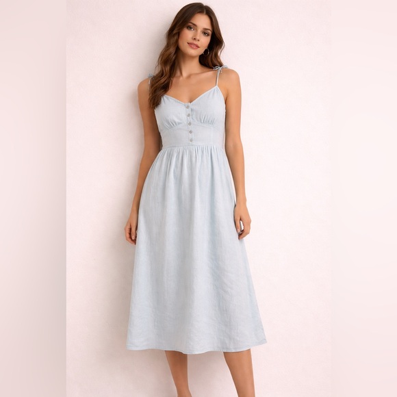 OAK + FORT Dresses & Skirts - Oak + Fort Light Blue Midi Dress NWT | Tie Strap Button Front Sundress S